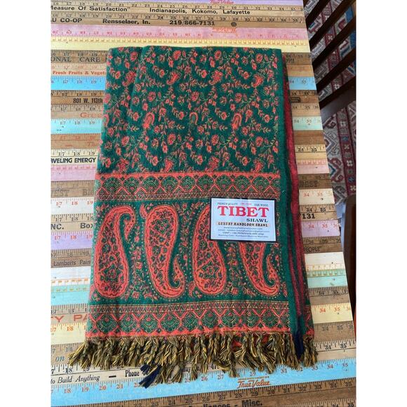 Tibet 100% Yak WOOL Green Orange Red Paisley Shawl Fringe 38" x 82" - NWT - Picture 1 of 14